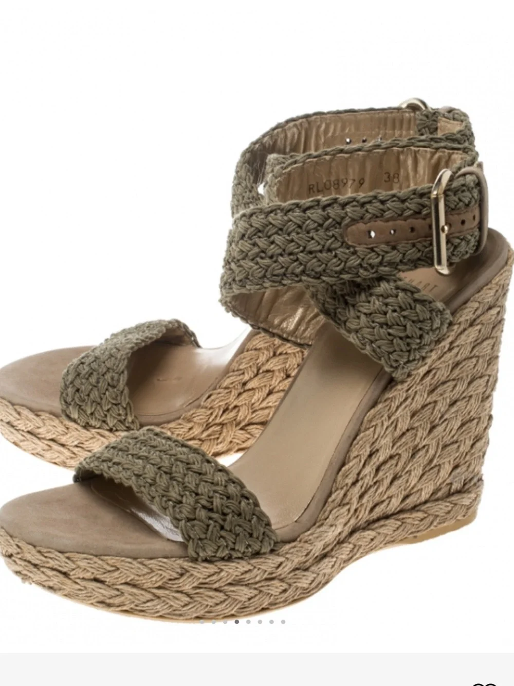 Stuart Weitzman Khaki Crochet Alex Ankle Halter Wrap Espadrille Wedge Sandals